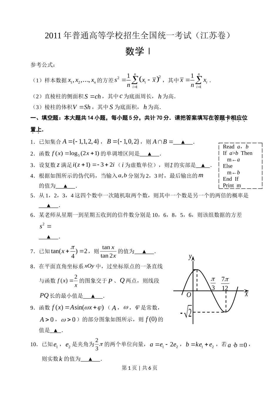 2011年高考数学试卷（江苏）（空白卷）_第1页