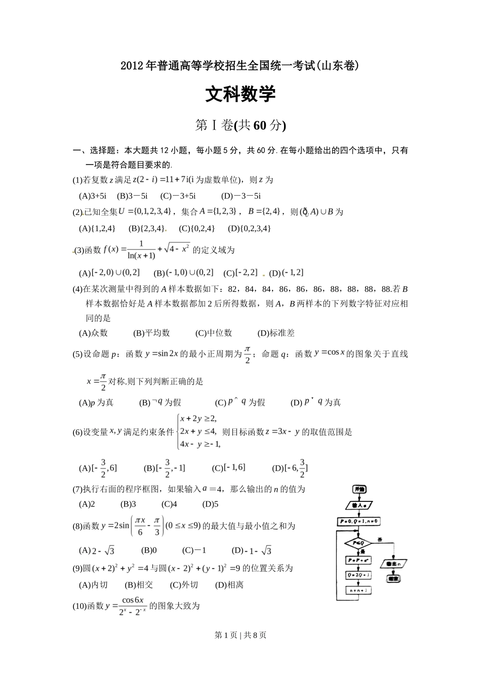 2012年高考数学试卷（文）（山东）（解析卷）_第1页