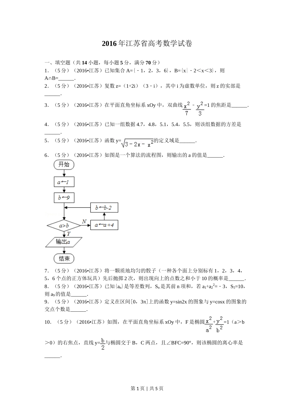 2016年高考数学试卷（江苏）（空白卷）_第1页