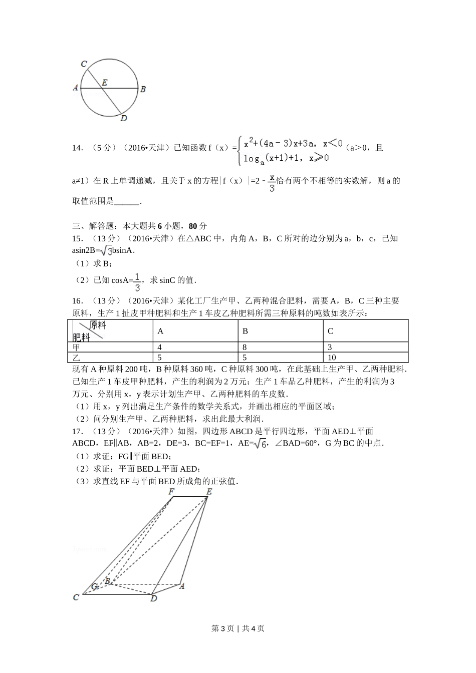 2016年高考数学试卷（文）（天津）（空白卷）_第3页