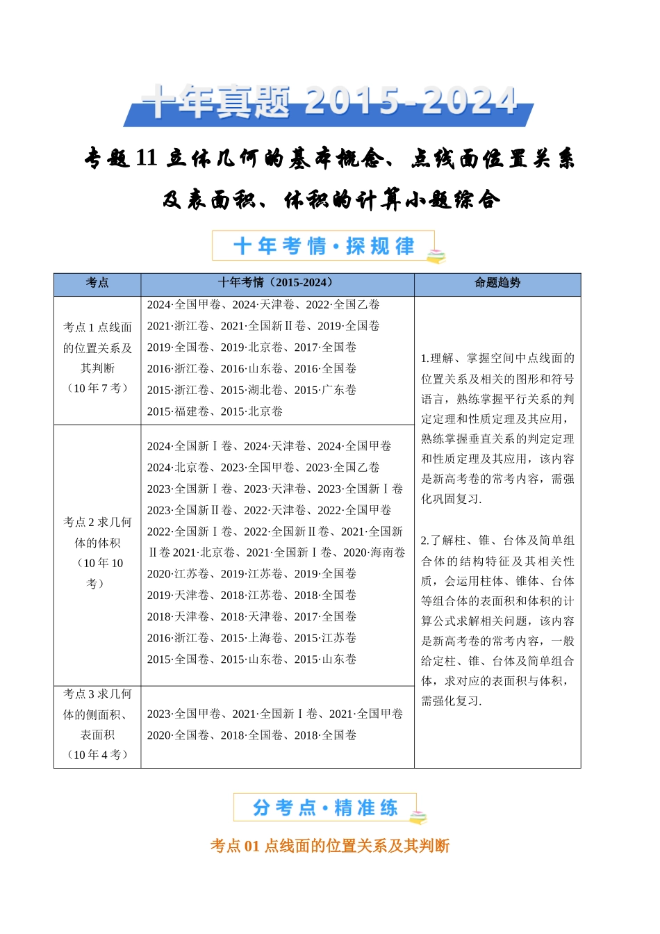 立体几何的基本概念、点线面位置关系及表面积、体积的计算小题综合（教师卷）- 十年（专题-专题）高考真题数学分项汇编（全国通用）_第1页