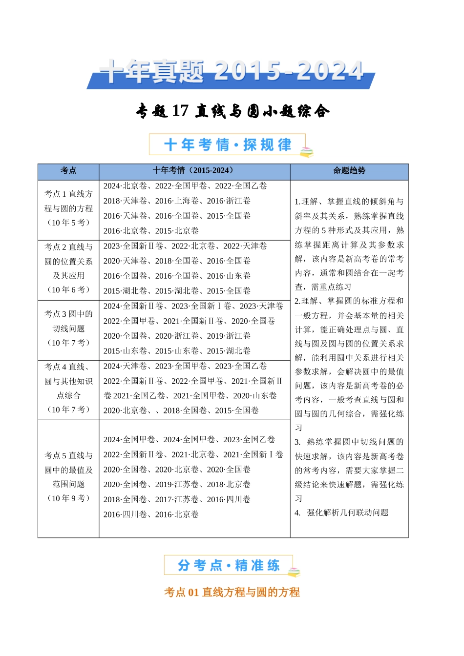 直线与圆小题综合（学生卷）- 十年（专题-专题）高考真题数学分项汇编（全国通用）_第1页