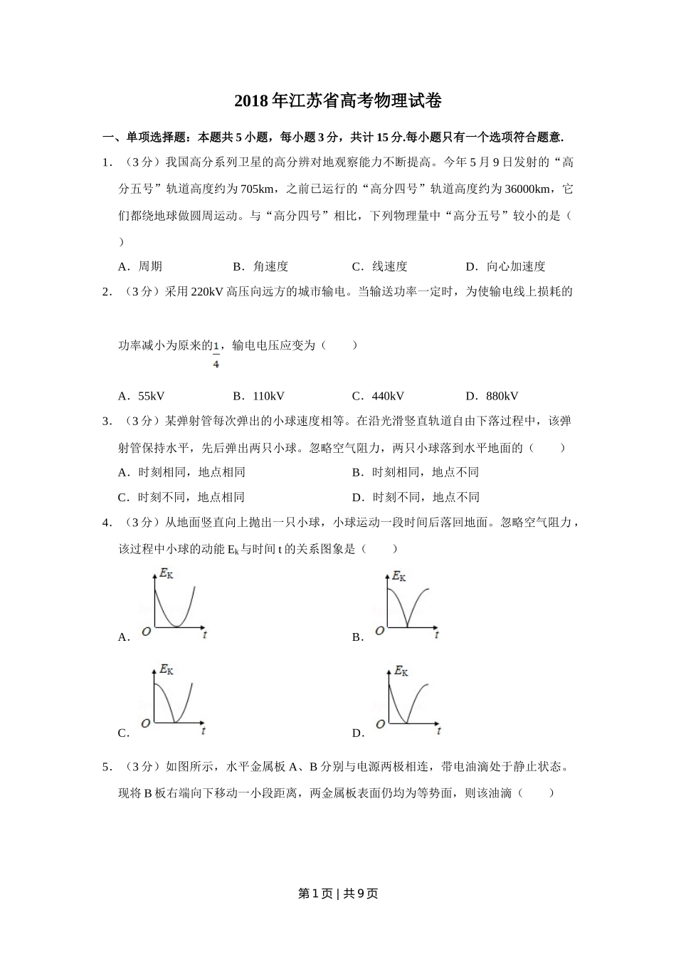 2018年高考物理试卷（江苏）（空白卷）_第1页