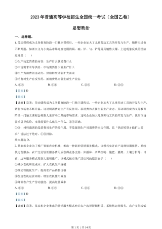 2023年高考政治试卷（全国乙卷）（解析卷）
