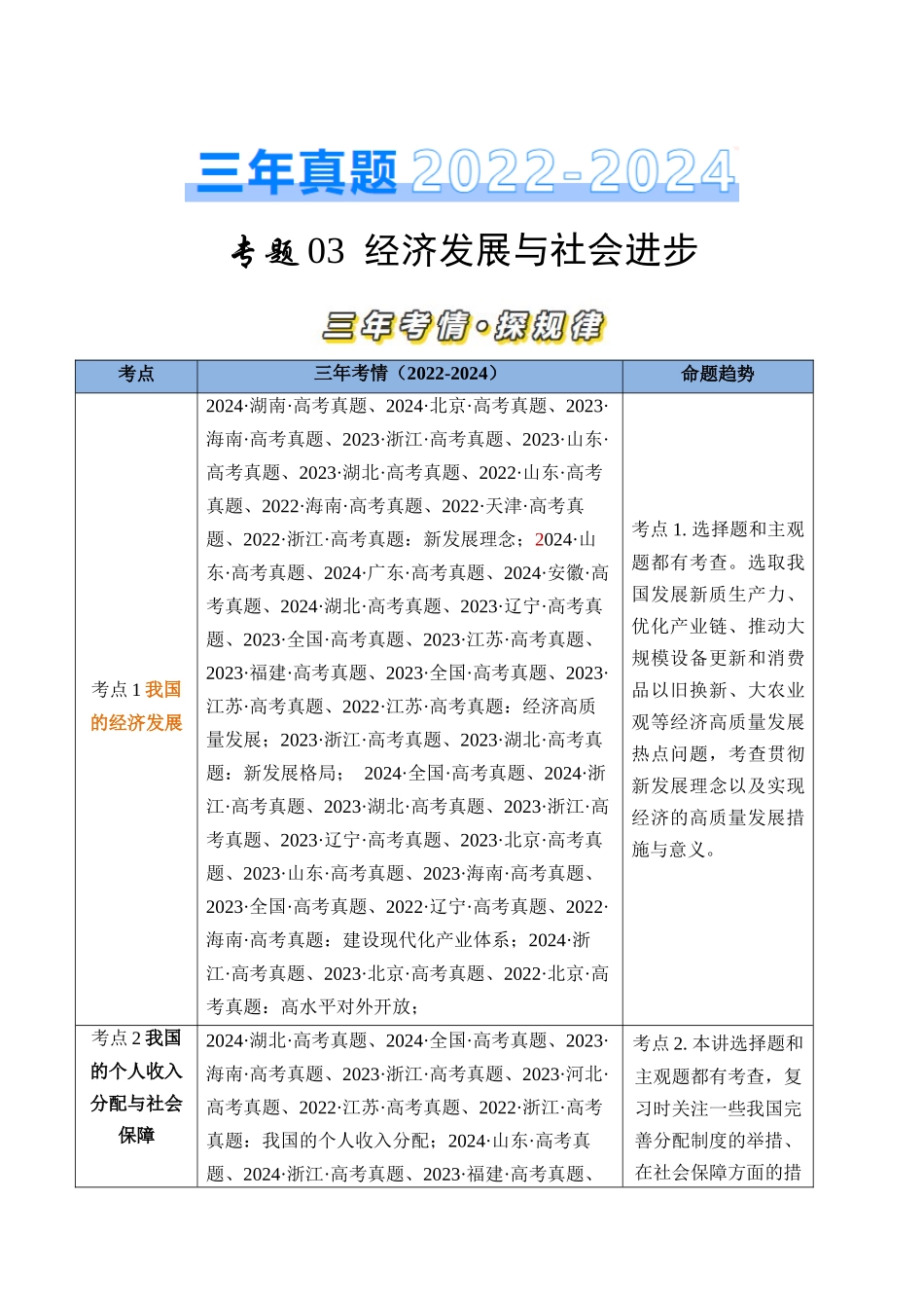 专题03 经济发展与社会进步-三年（2022-2024）高考政治真题分类汇编（教师卷）_第1页