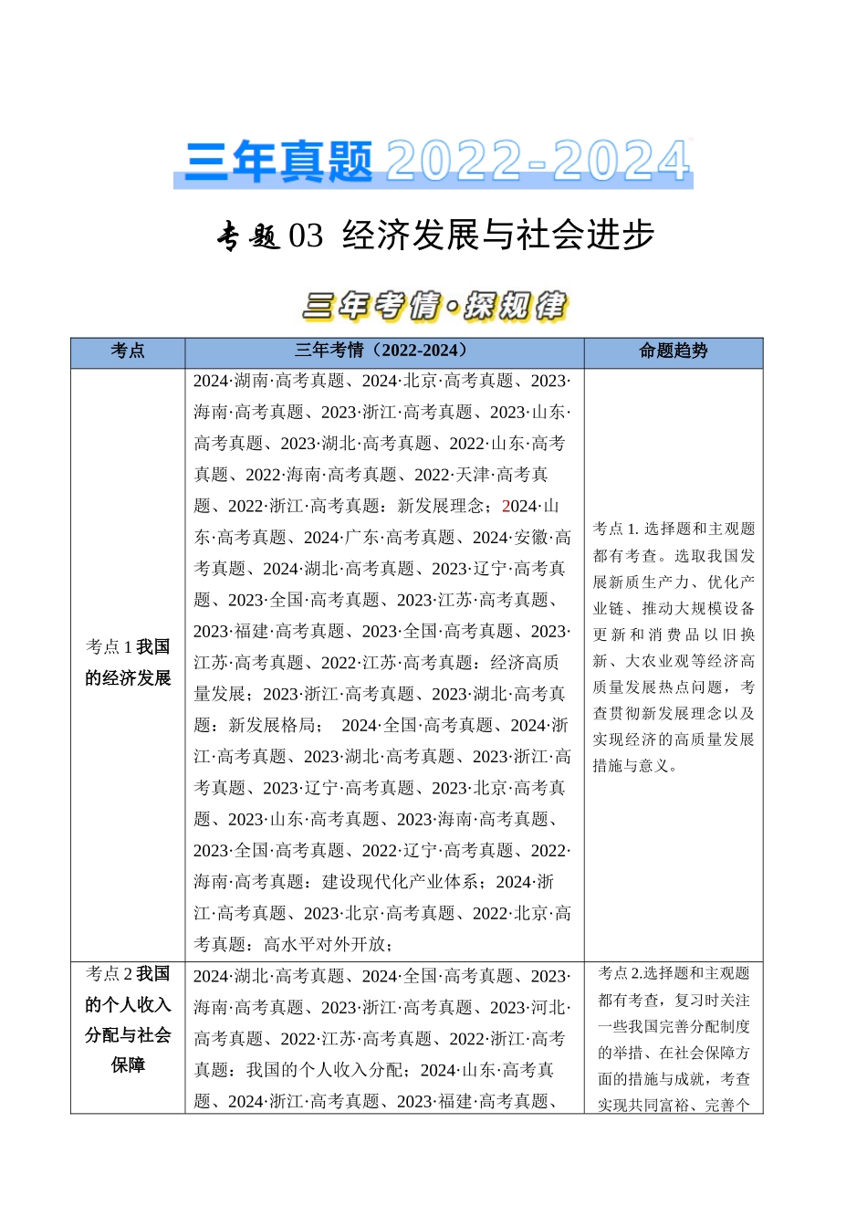 专题03 经济发展与社会进步-三年（2022-2024）高考政治真题分类汇编（学生卷）_第1页