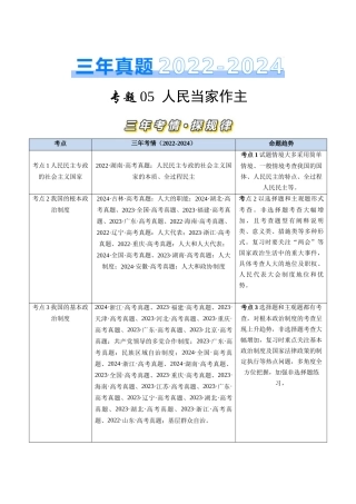 专题05 人民当家作主-三年（2022-2024）高考政治真题分类汇编（教师卷）