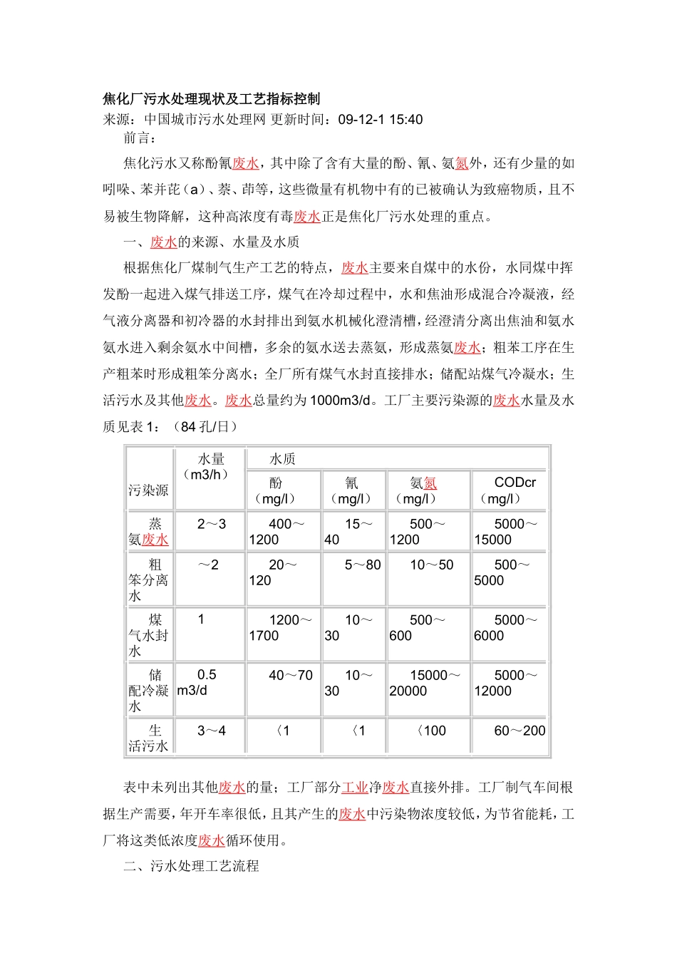 焦化厂污水处理现状及工艺指标控制 (1)_第1页