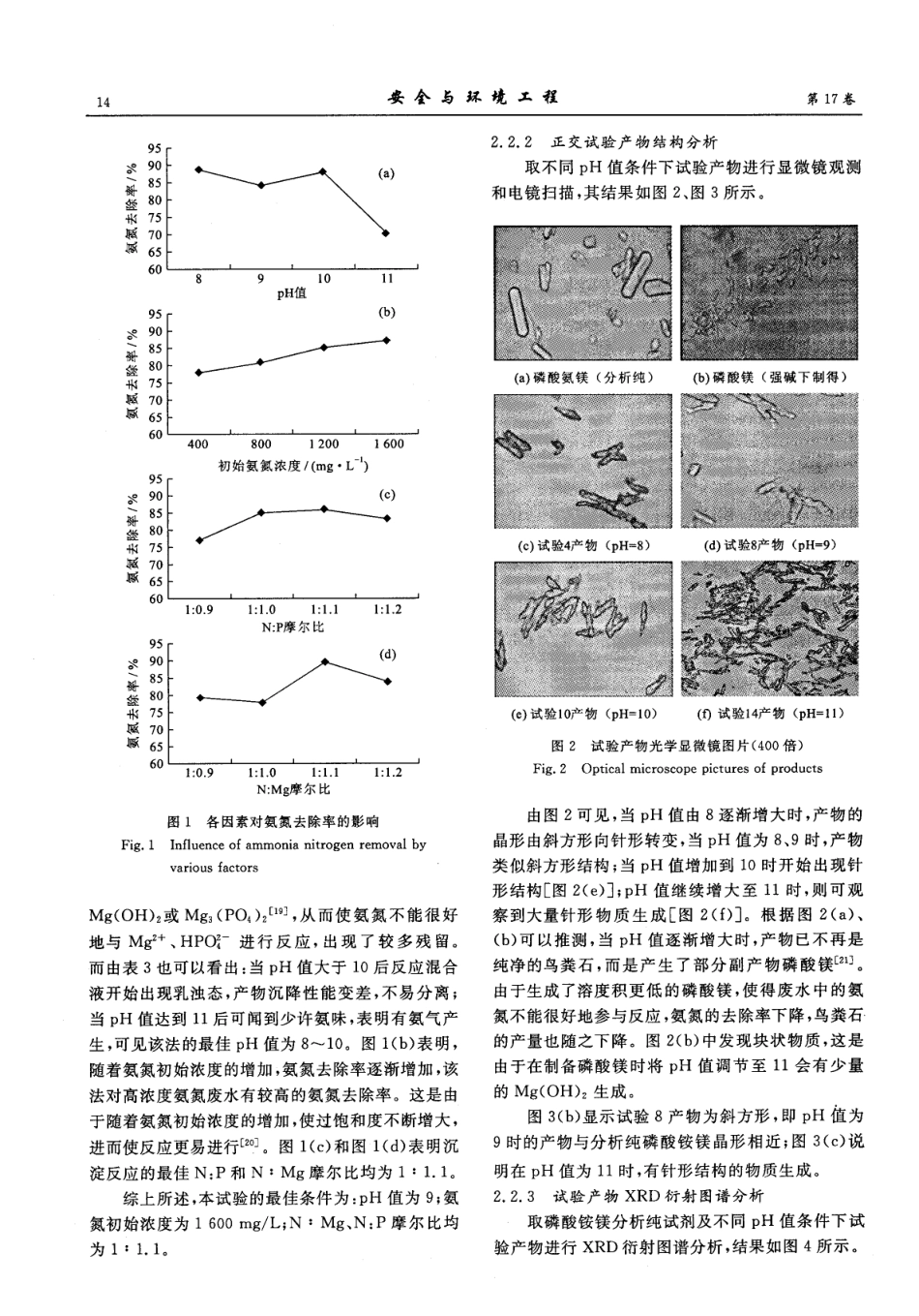 鸟粪石沉淀法处理氨氮废水的影响因素及其产物性质研究_第3页