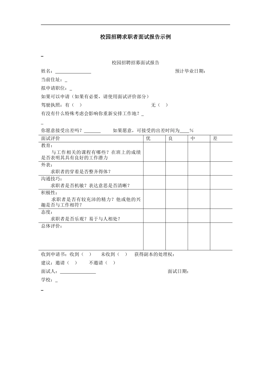 校园招聘求职者面试报告示例_第1页