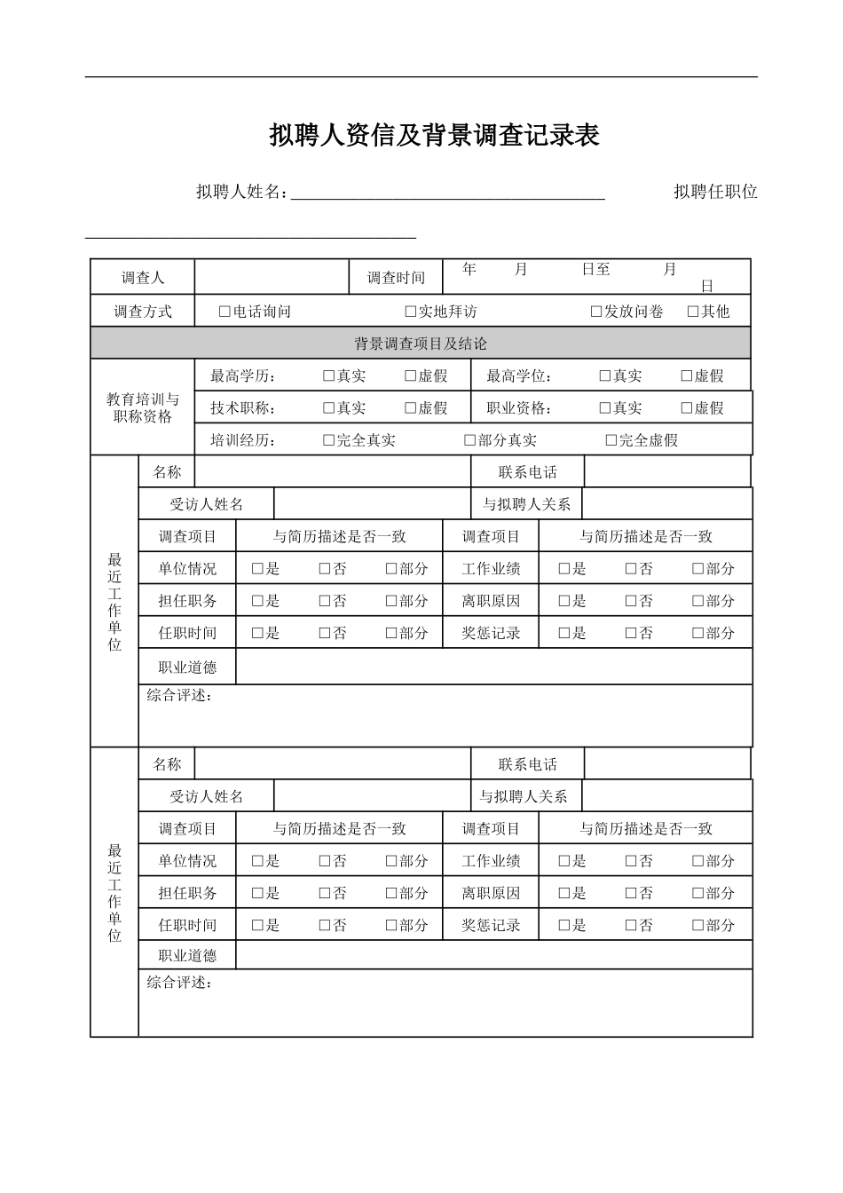 拟聘人资信及背景调查记录表_第1页