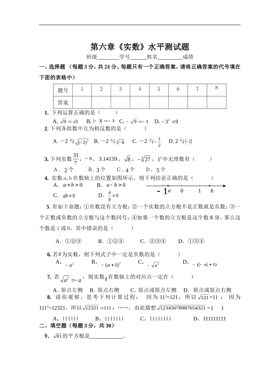 新人教（七下）第6章 实数 综合水平测试题2_第1页