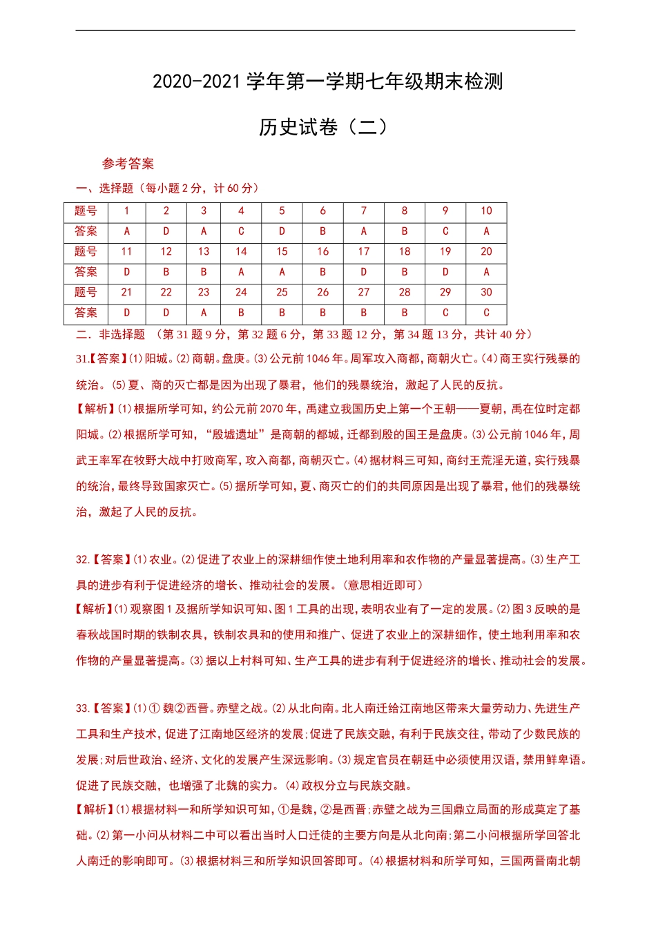 2020-2021学年第一学期七年级期末检测历史试卷答案（二）_第1页