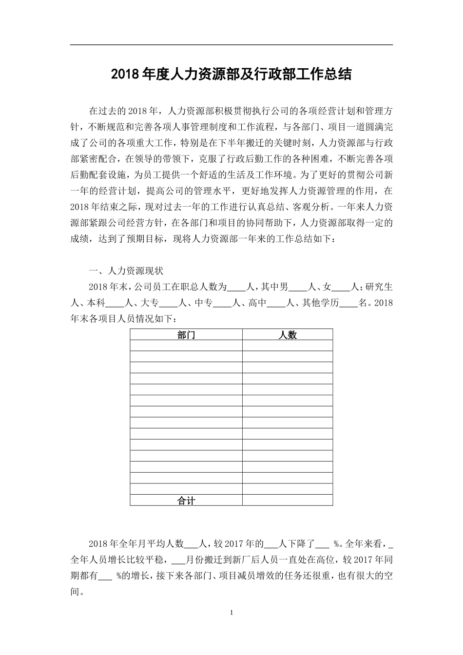 2018年度人力资源部及行政部工作总结_第1页