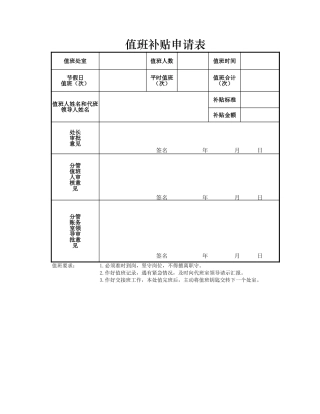 值班补贴申请表