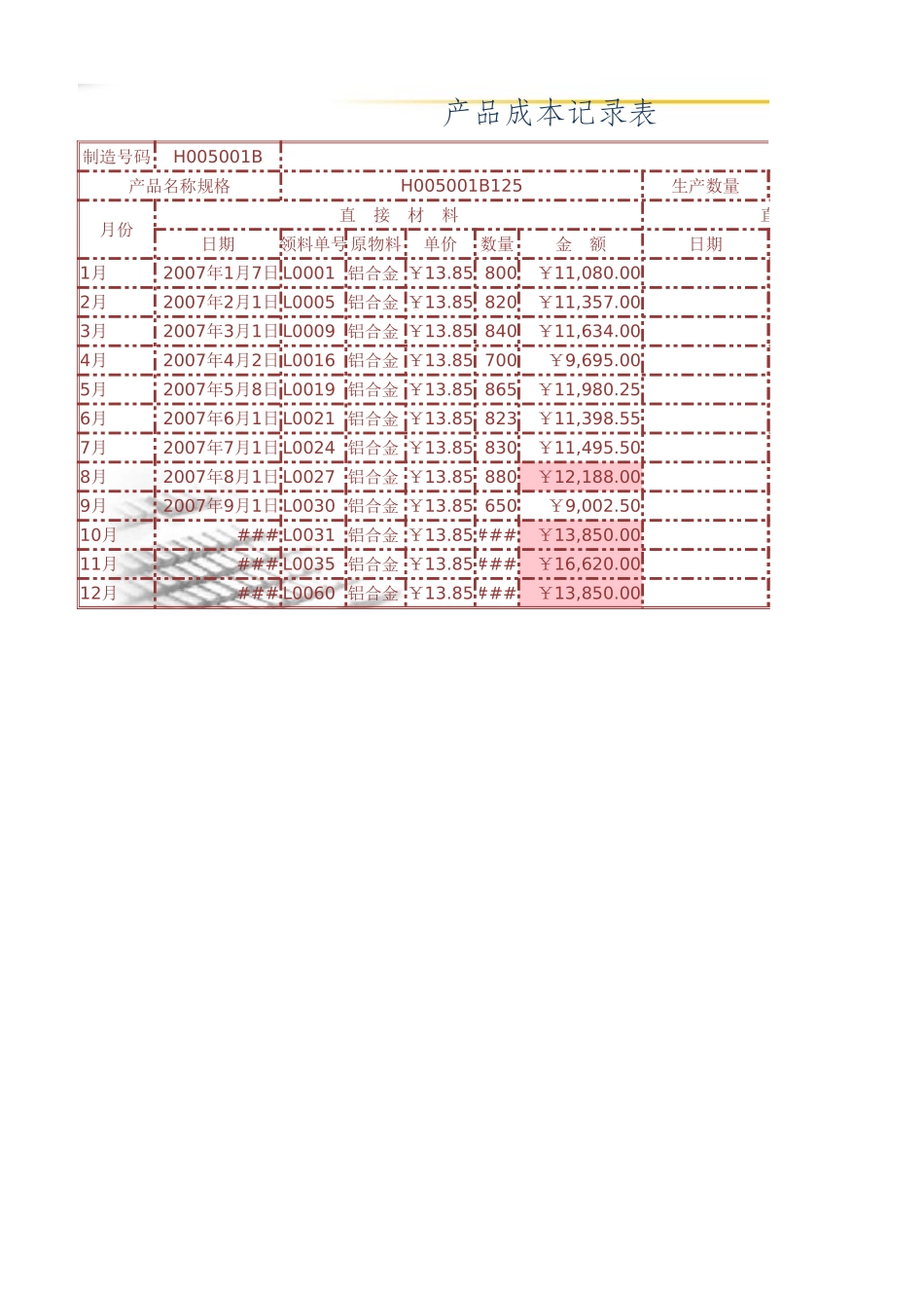 产品成本记录表_第1页
