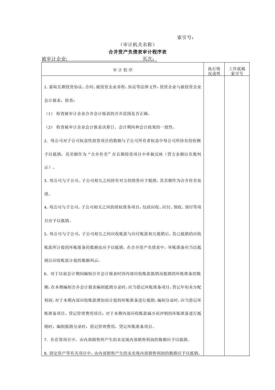 合并资产负债表明细审计程序表@_第1页