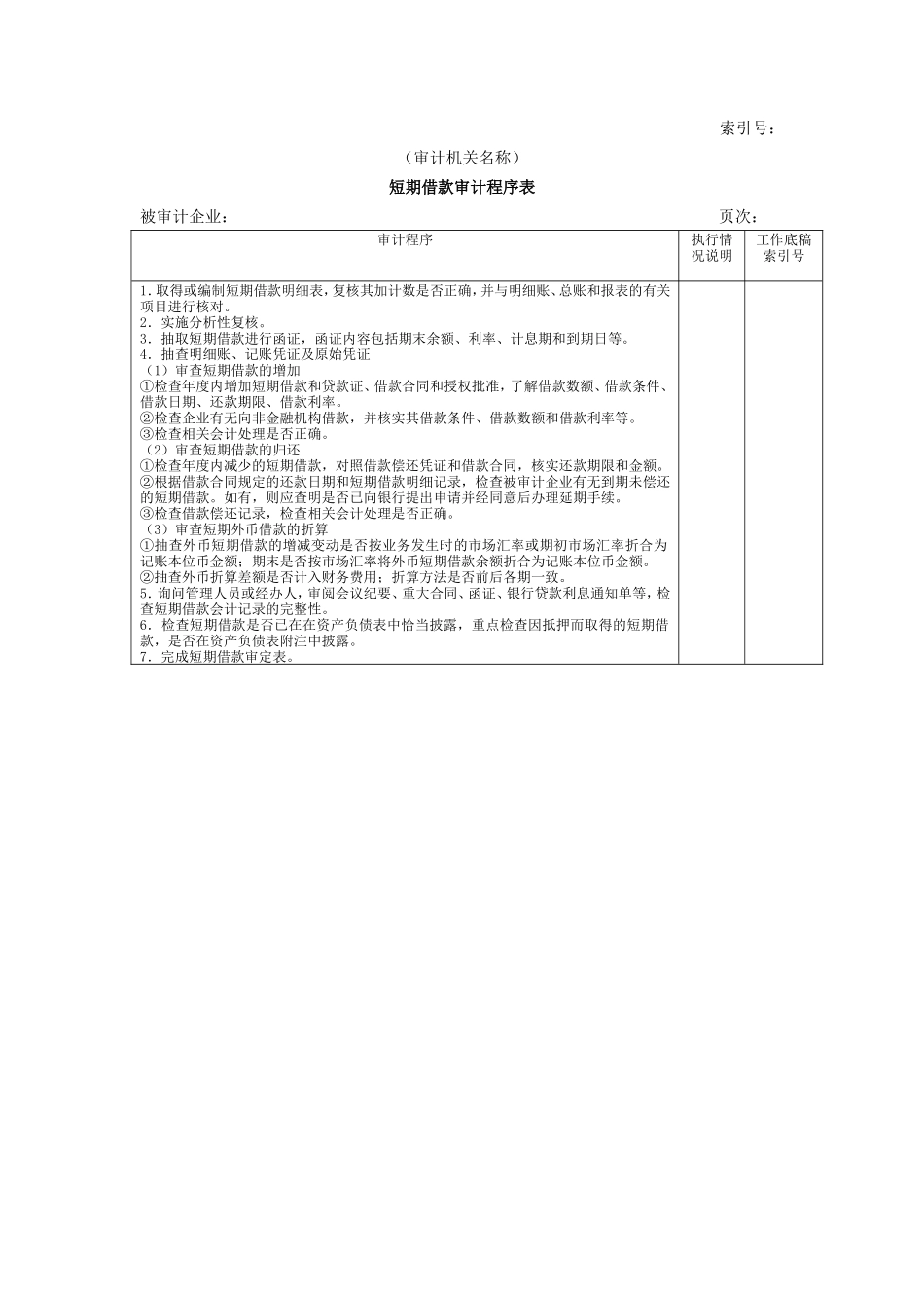 流动负债W-01短期借款审计程序表_第1页