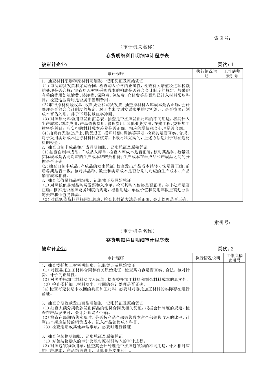 流动资产W-14存货明细科目明细审计程序表_第1页