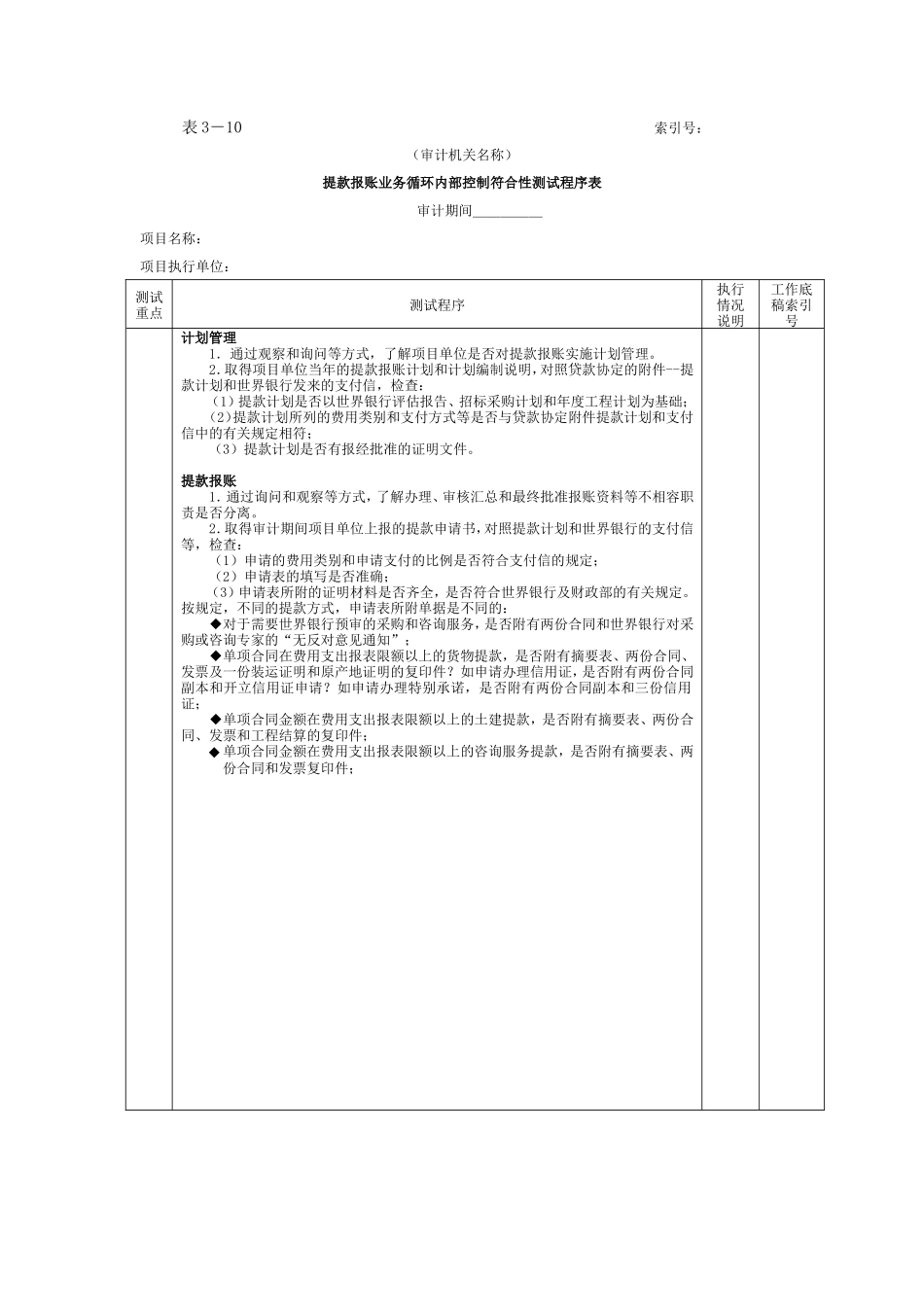 提款报账-2提款报账业务循环内部控制符合性测试程序表_第1页