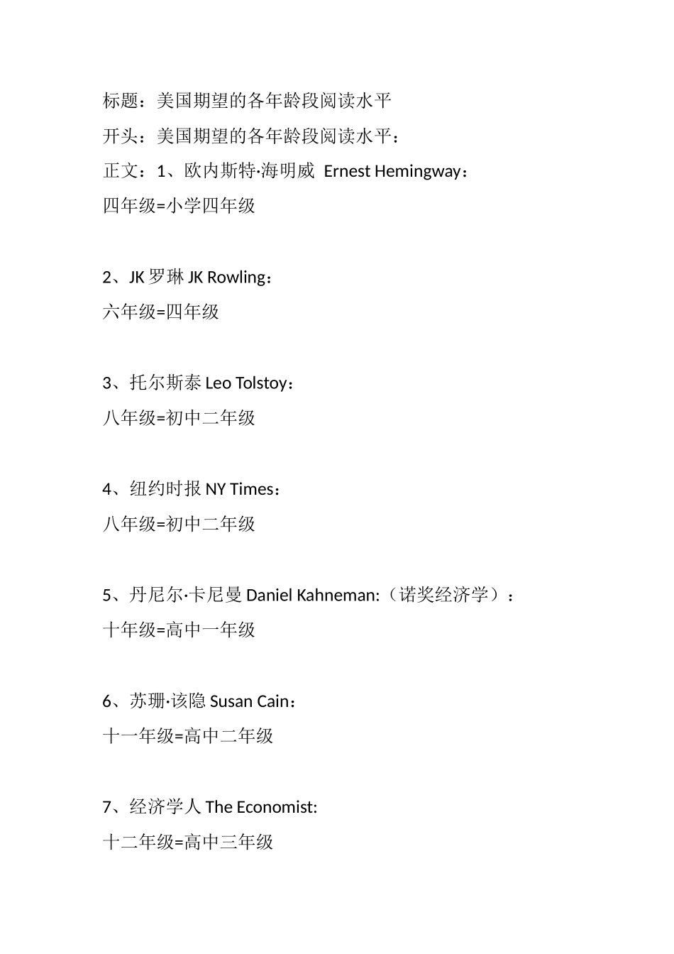 美国期望的各年龄段阅读水平-文案大全_第1页