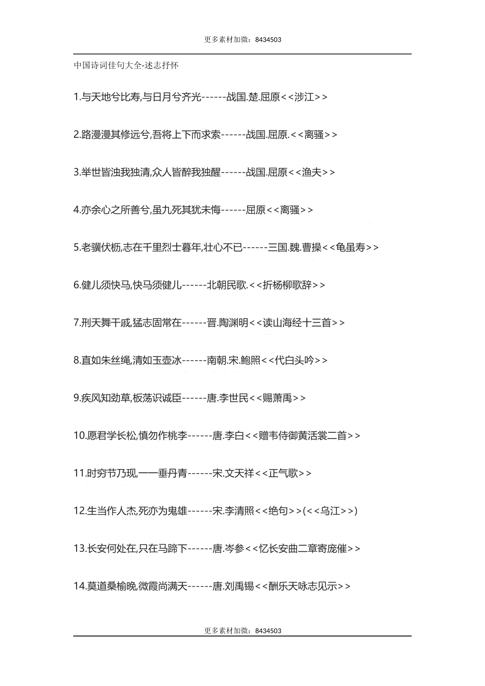 【盘古文库：国学经典】中国诗词佳句大全-述志抒怀_第1页