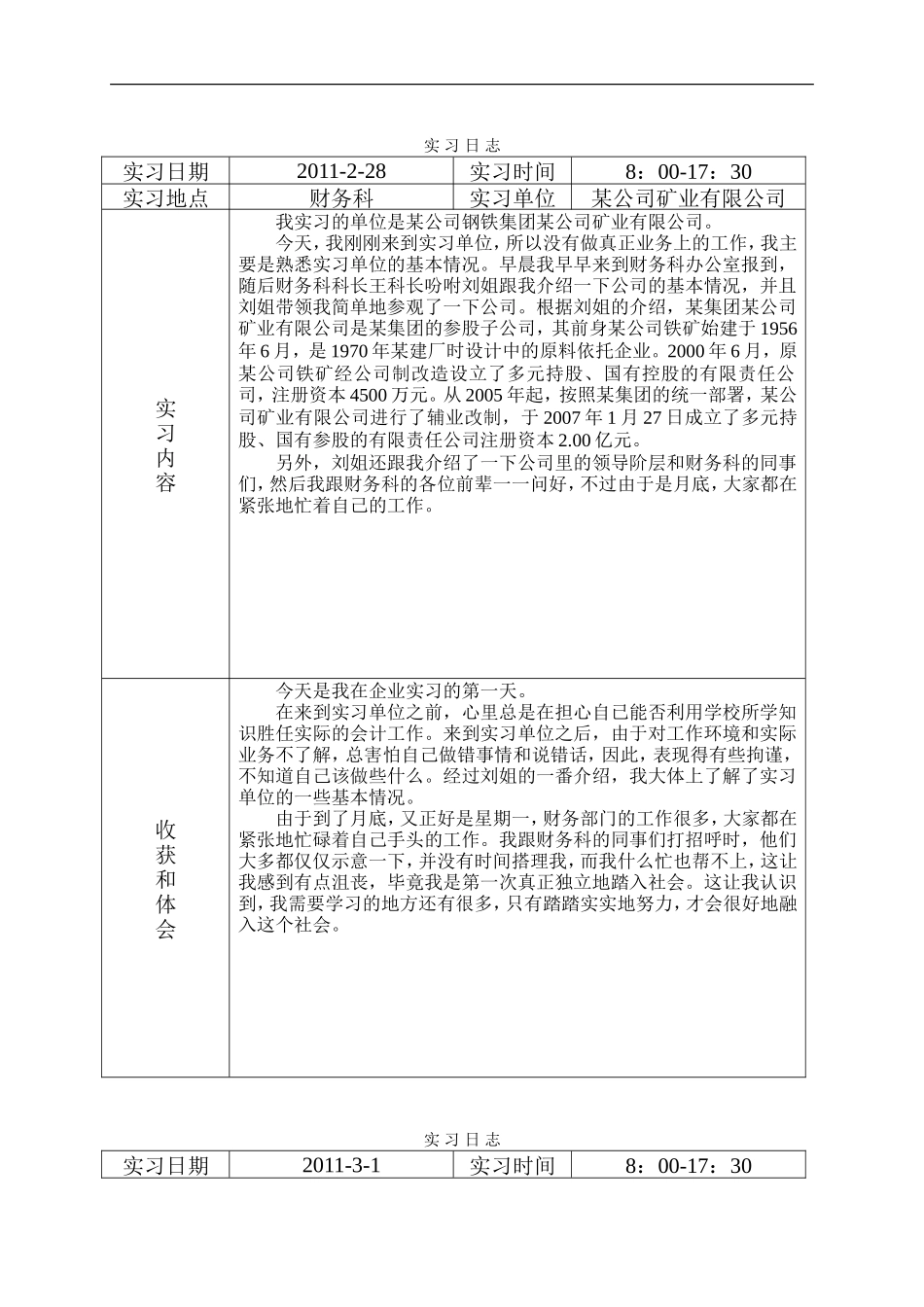 实习日记——会计毕业实习日志（某公司矿业有限公司30篇19500字）_第1页