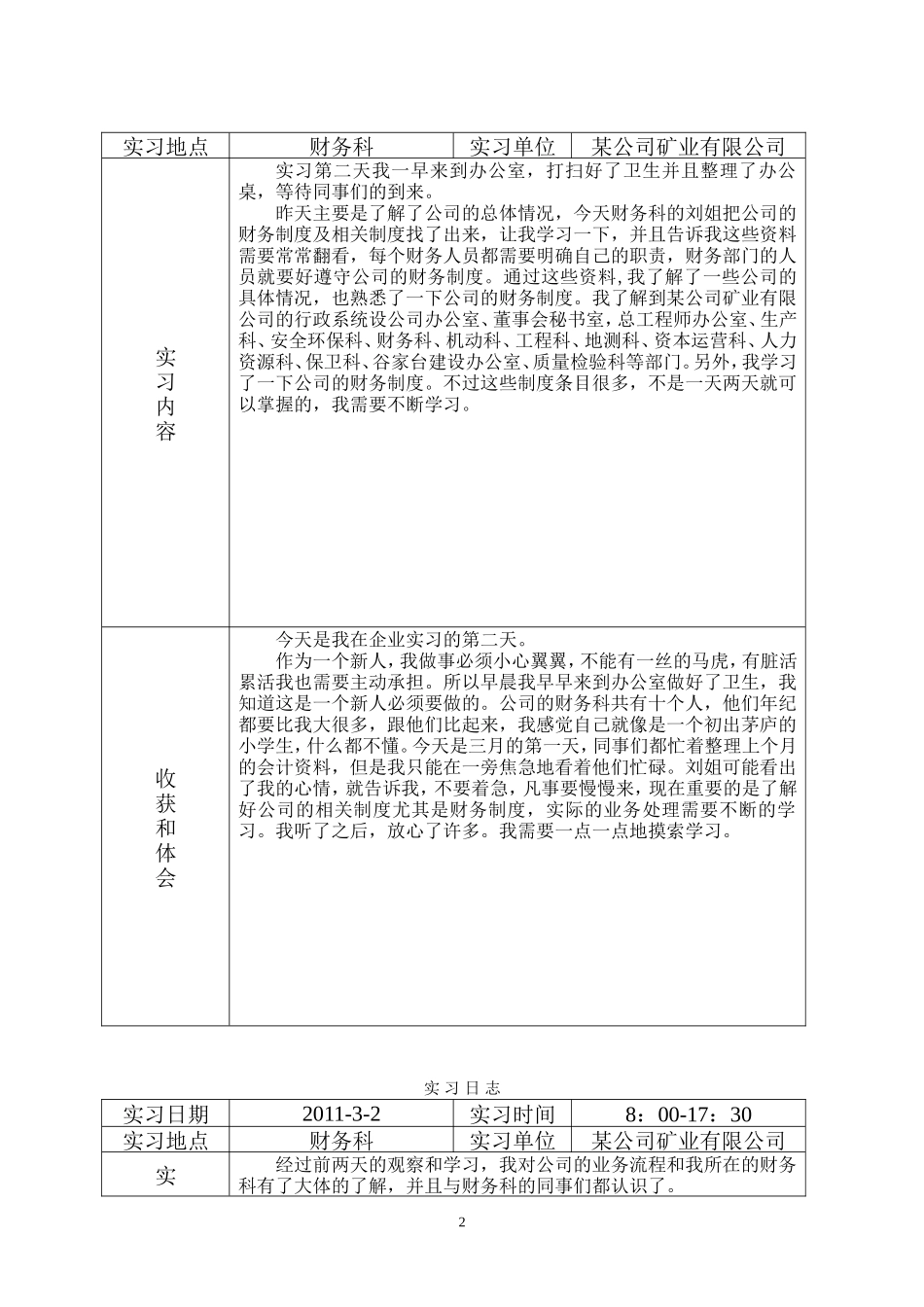 实习日记——会计毕业实习日志（某公司矿业有限公司30篇19500字）_第2页