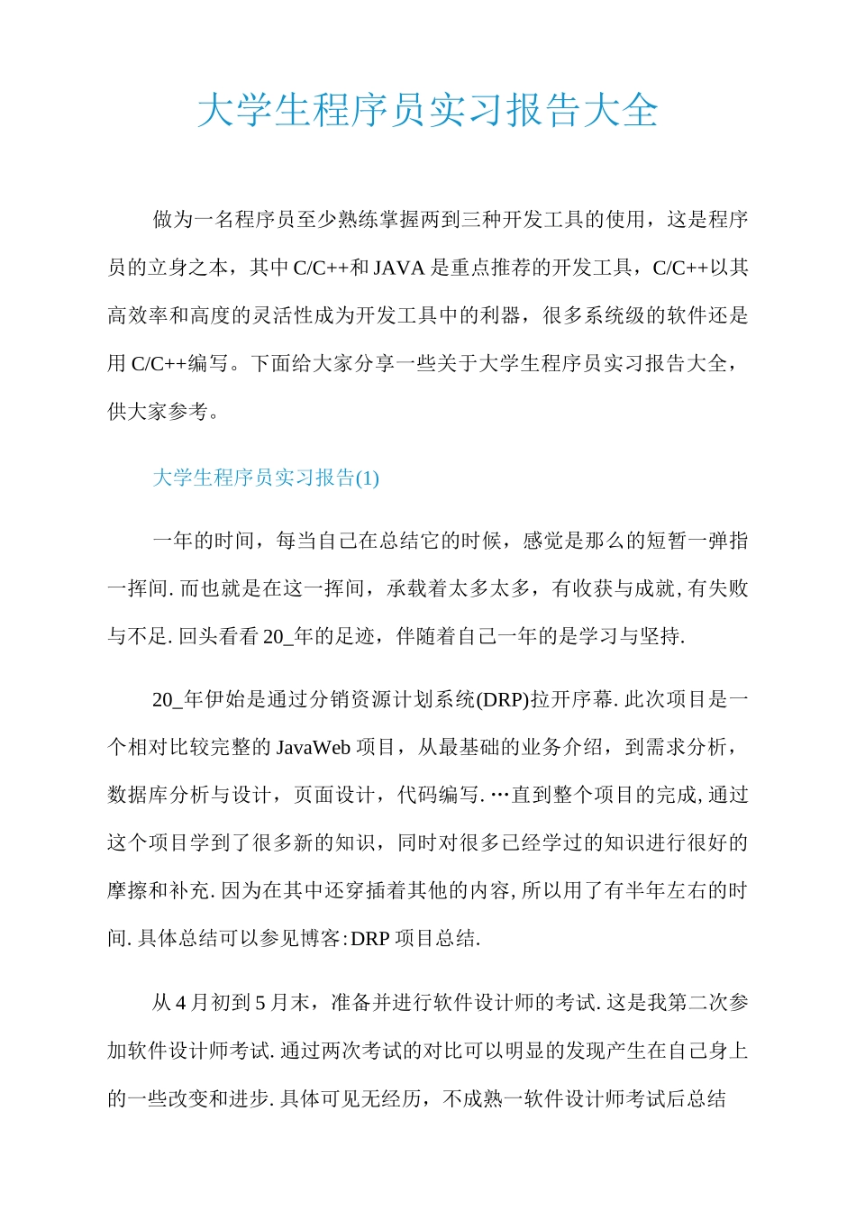大学生程序员实习报告大全-计算机网络程序员软件工程文库_第1页