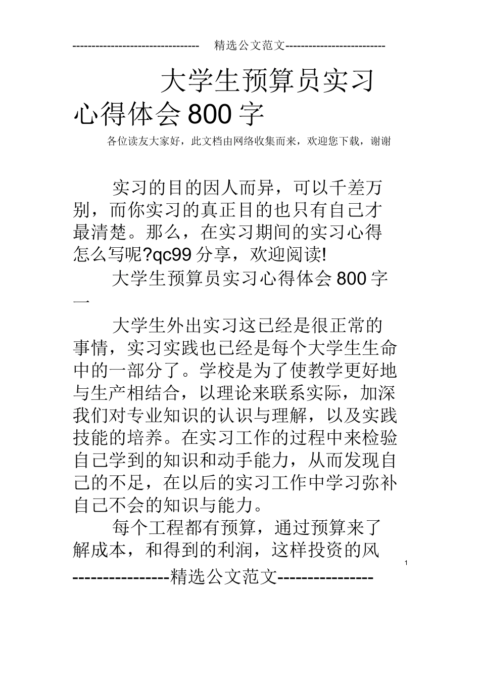 范文-大学生预算员实习心得体会-范文800字_第1页