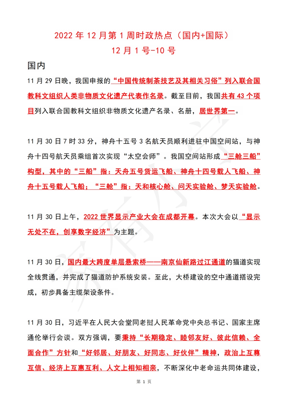 2022年12月第1周时政热点（国内+国际）_第1页