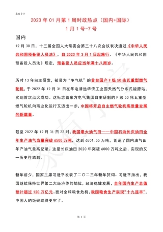 2023年01月第1周时政热点（国内+国际）