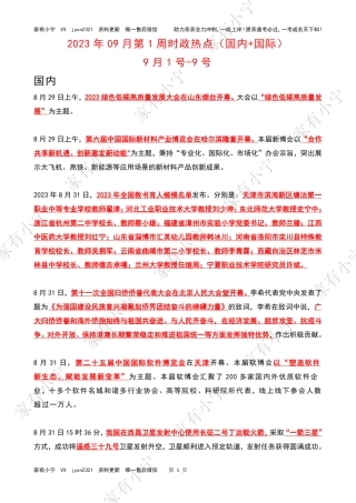 2023年09月第1周时政热点（国内+国际）