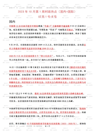 2023年10月第1周时政热点（国内+国际）