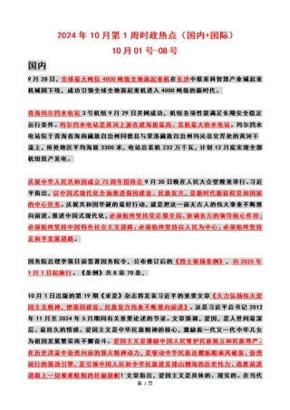 2024年10月第1周时政热点（国内+国际）