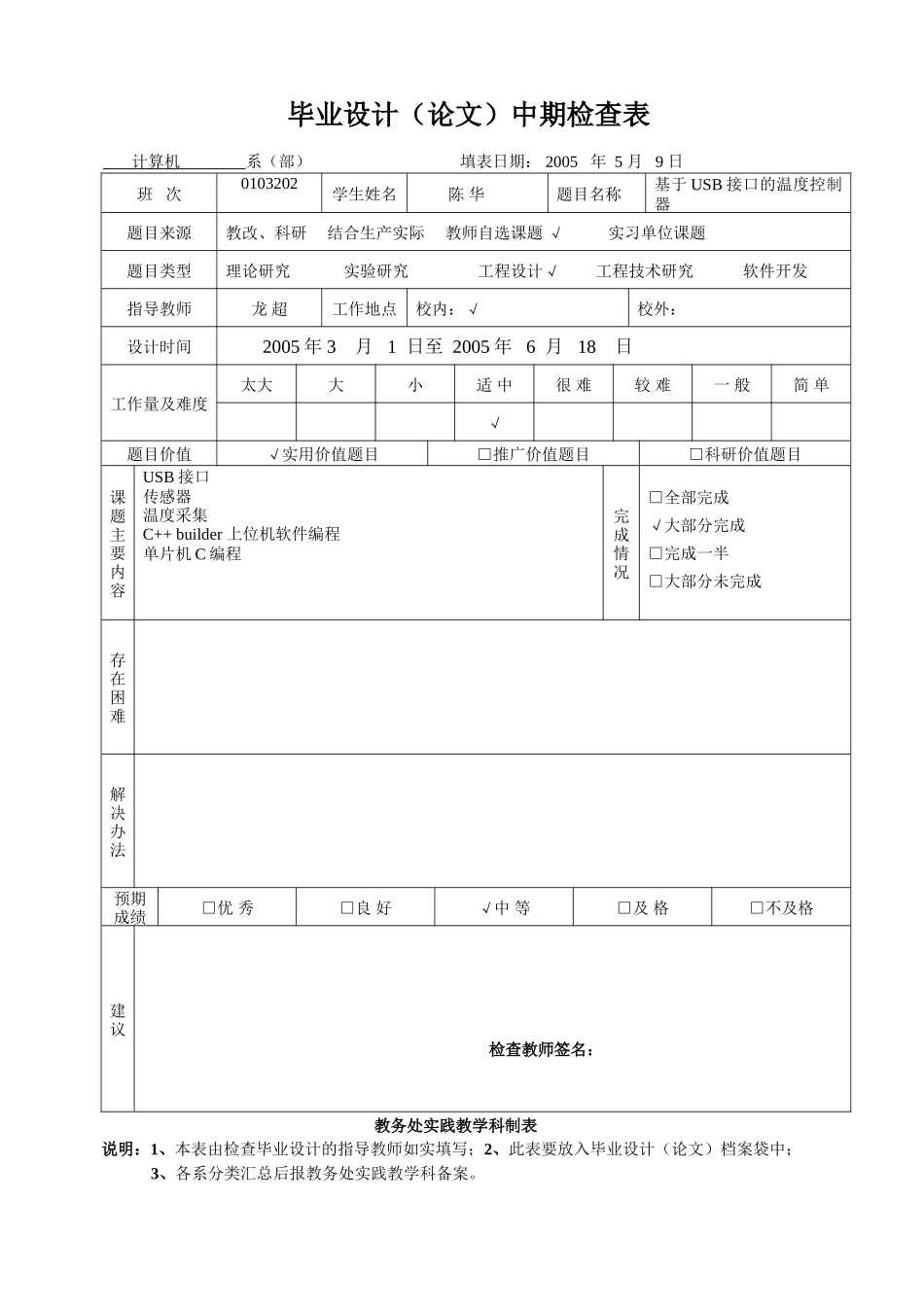 基于USB接口的温度控制器设计资料毕业设计（论文）中期检查表_第1页