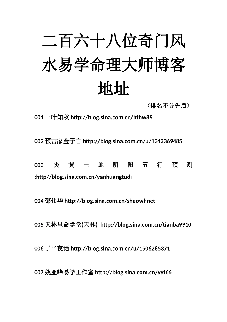 二百六十八位奇门风水易学命理大师博客地址-文库大全_第1页