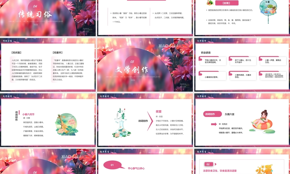 紫粉精美花卉背景的插画风小暑节气介绍PPT模板