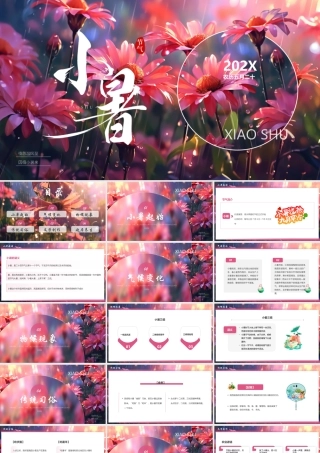 紫粉精美花卉背景的插画风小暑节气介绍PPT模板