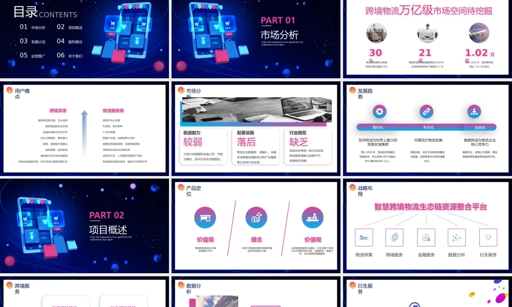 蓝色立体矢量手机背景的智慧跨境电商方案PPT模板下载商业计划书
