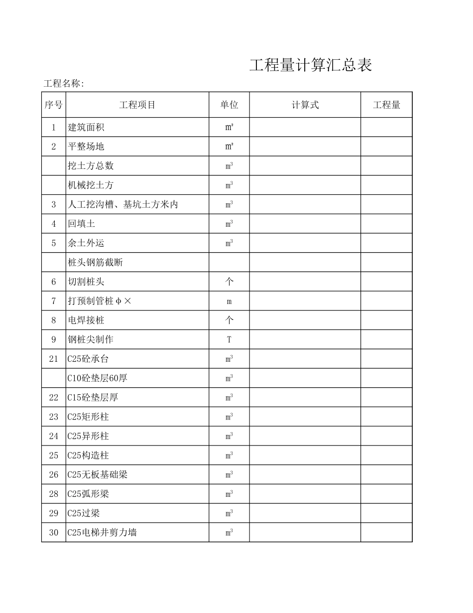 建筑工程工程量计算表(全套)-工程量清单Excel_第1页