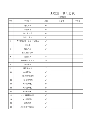 建筑工程工程量计算表(全套42个)-工程量清单Excel