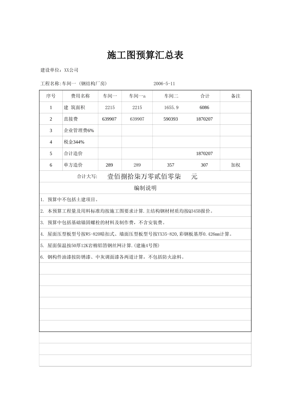 某公司厂房钢结构及屋面工程施工图预算书-工程量清单Excel_第2页
