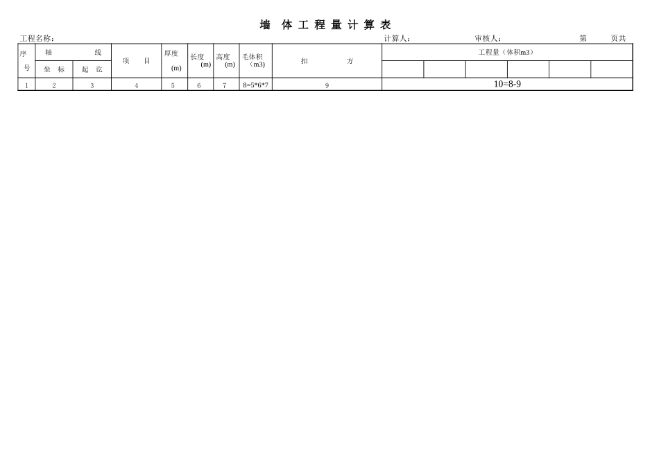 墙体工程量计算表-工程量清单Excel_第1页