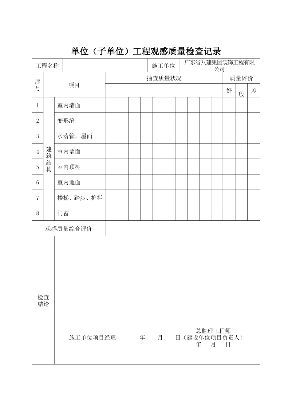 各类施工表格单位（子单位）工程观感质量检查记录_第1页