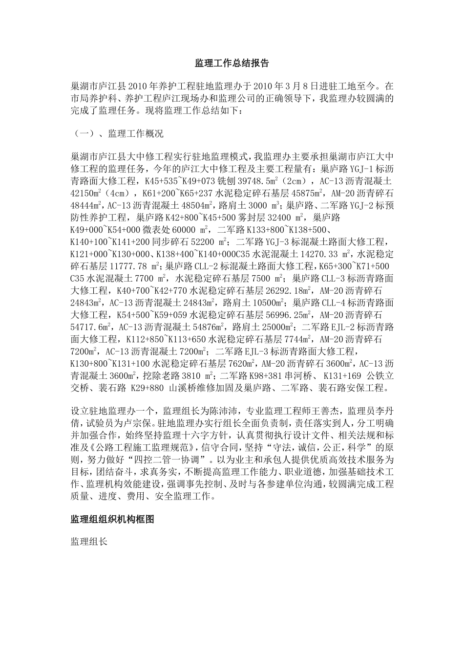 巢湖市庐江县2010年养护工程监理工作总结报告【盘古】--各类监理报告_第1页