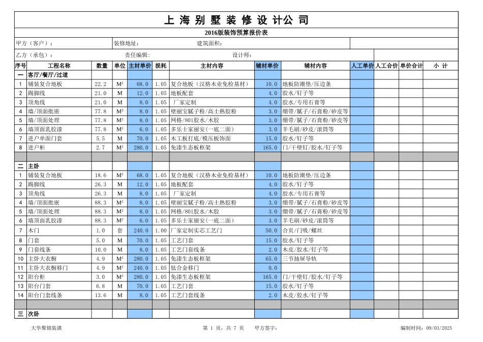 2016年最新别墅装修预算报价表_第1页