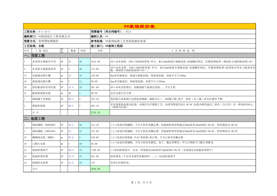 某装饰设计公司很规格的装修预算 年_第1页