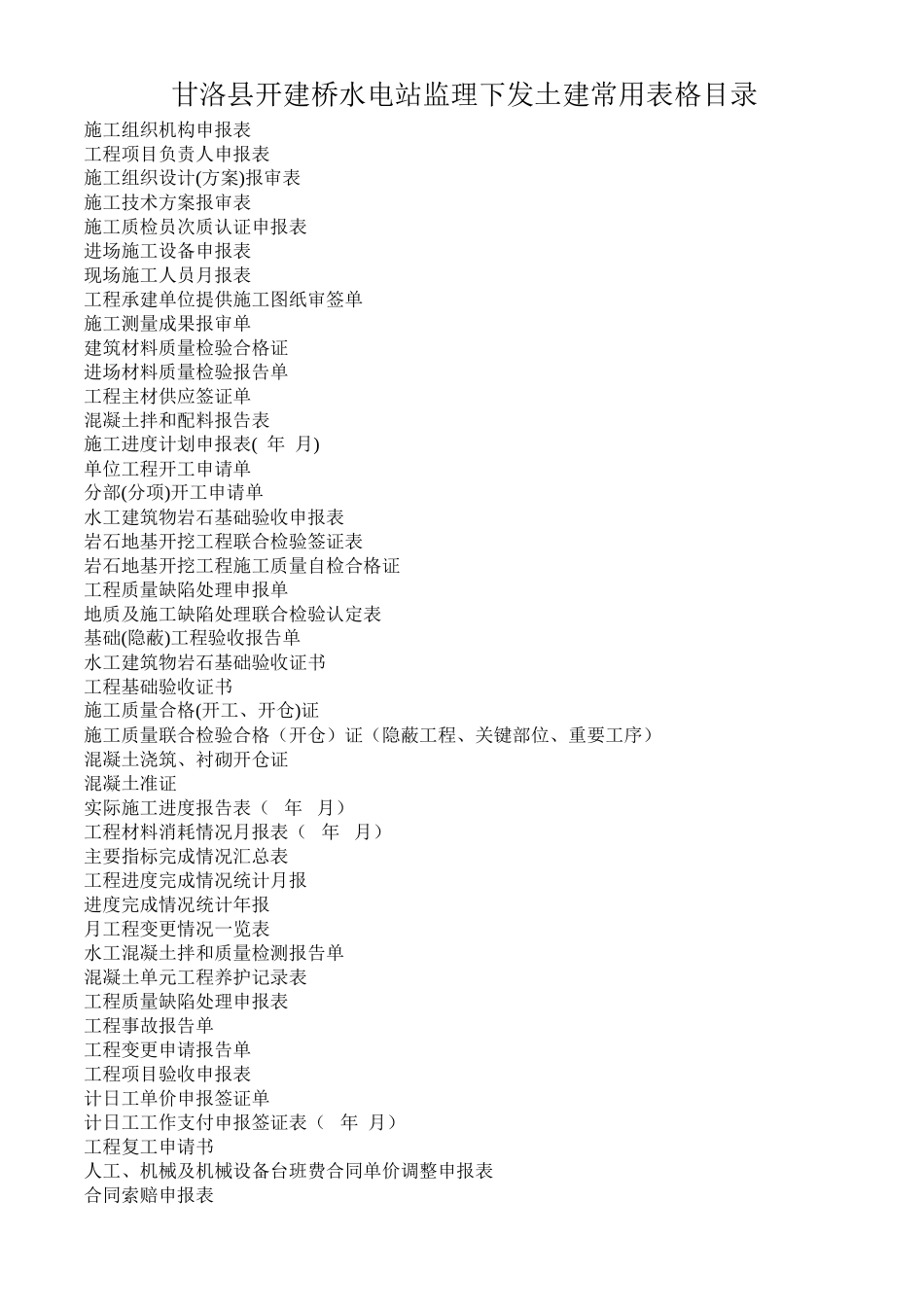 甘洛县开建桥水电站监理下发土建常用表格-文库-监理表格_第1页
