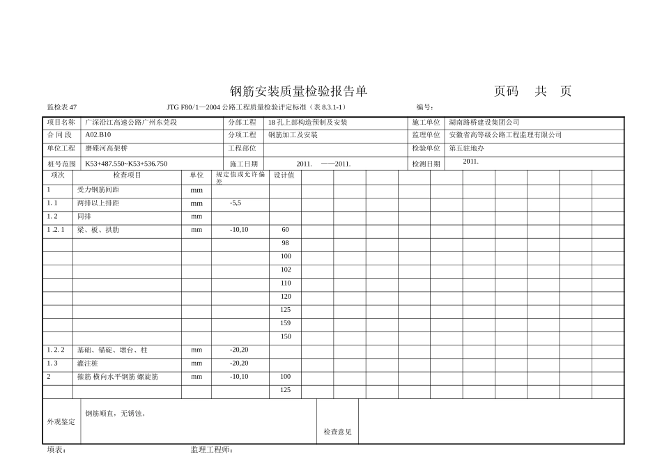 钢筋安装质量检验报告单-文库-监理表格_第1页